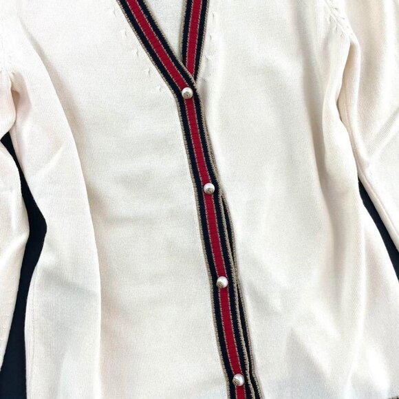 Authentic Gucci Ivory Cream Web Stripe Trimmed Buttons Wool Cardigan Sweater S - Picture 7 of 13